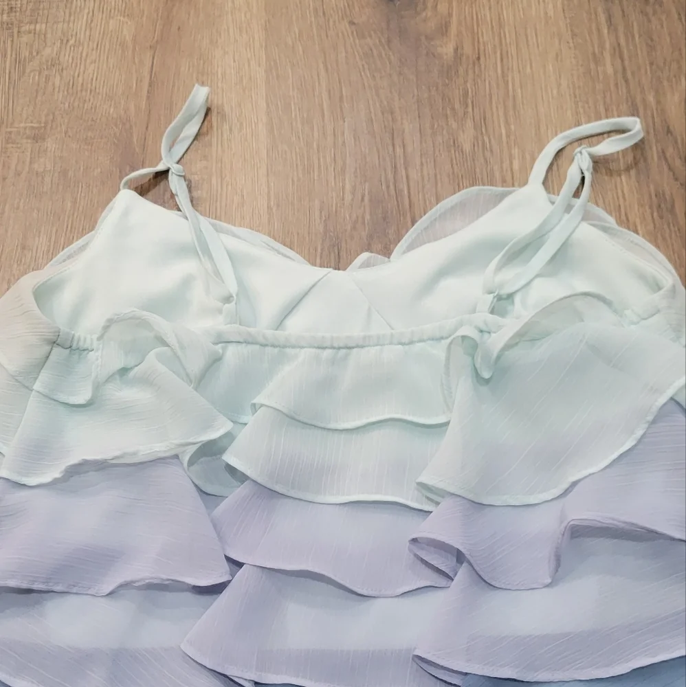 CANDIES, Ombre Ruffle Spaghetti Strap Tank, Small, Blue Tones 100% Polyester - Picture 3 of 8